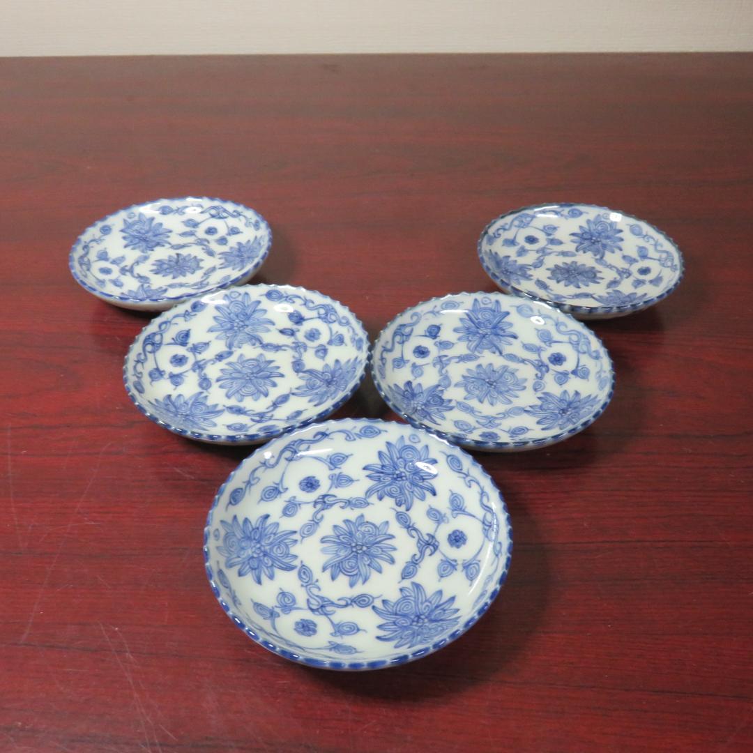 染付 小皿 線描 花唐草 銘 5枚 美品 蔵出し初荷 希少