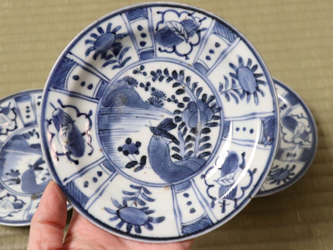 【CM69】古伊万里 芙蓉手 染付皿 三客 江戸期 虫図 飛蝗 草花 宝尽