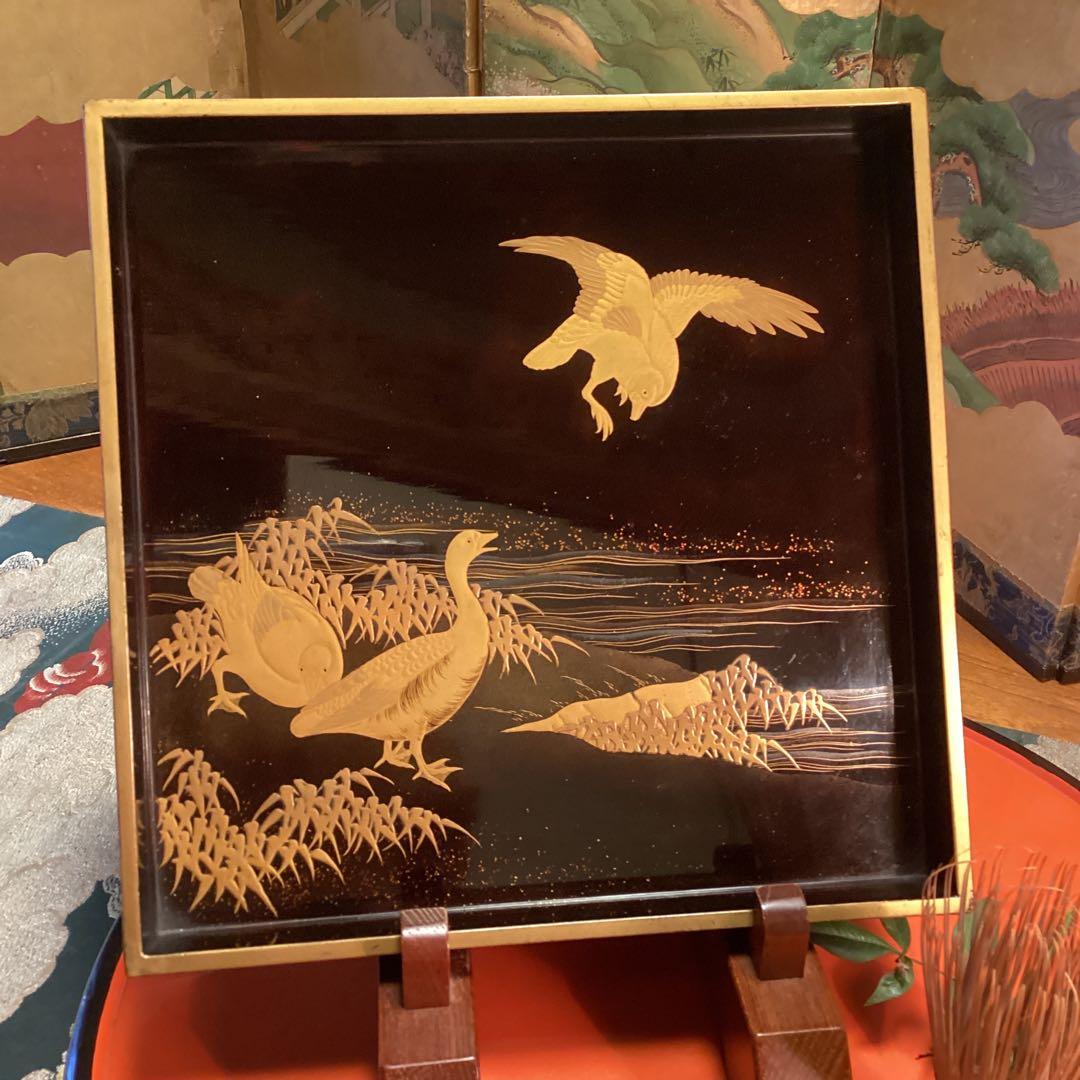 A1020木製輪島塗　水辺に雁　金蒔絵盆　金縁　蒔絵　菓子盆　香盆