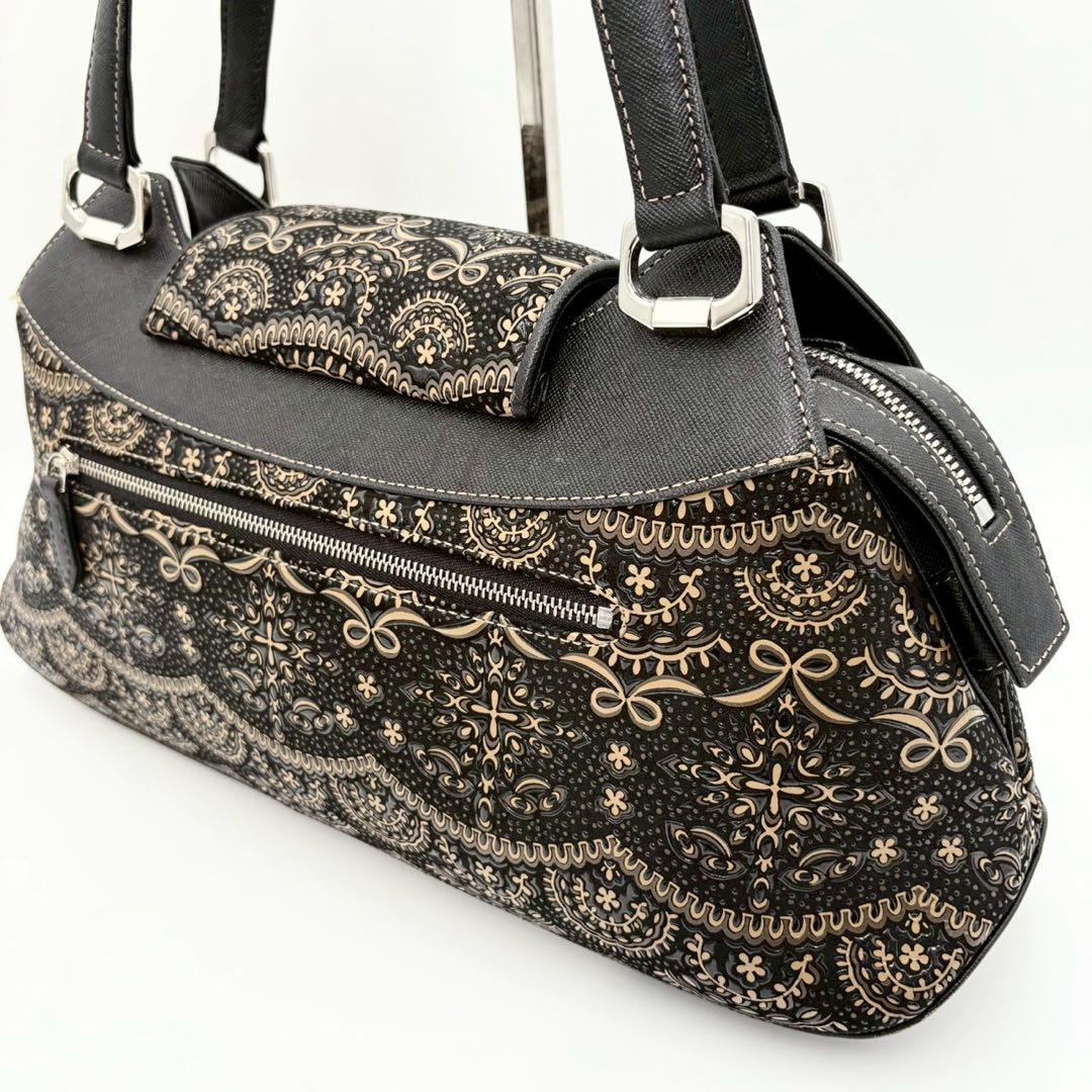 【超美品】印傳屋 PRIDEN プライデン 手提げバッグ 黒×ベージュ 鹿革 漆