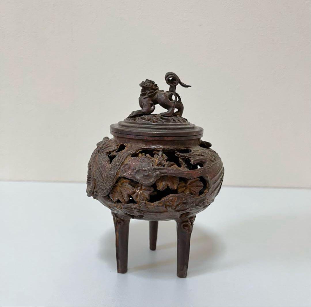 骨董　昭和　ビンテージ　レトロ　高岡銅器　透し鳳凰　香炉　縁起物　風水　厄除け