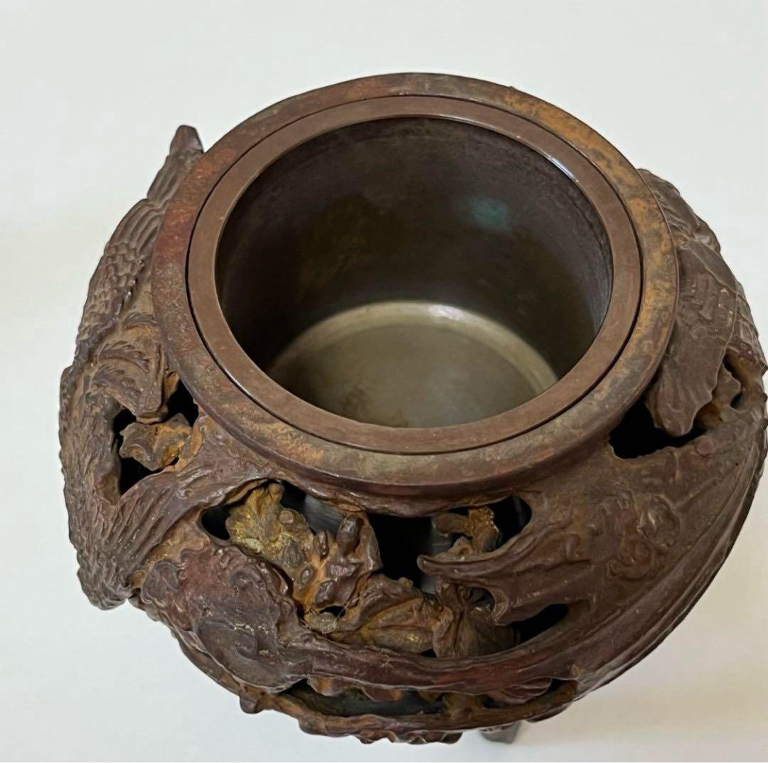 骨董　昭和　ビンテージ　レトロ　高岡銅器　透し鳳凰　香炉　縁起物　風水　厄除け