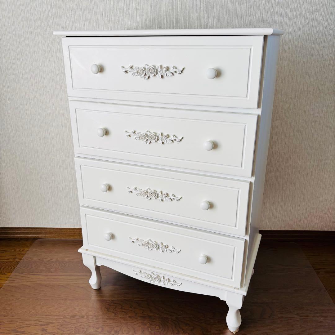 シャビーシック チェスト 4段 薔薇装飾 フレンチカントリー 姫系家具 ロココ調