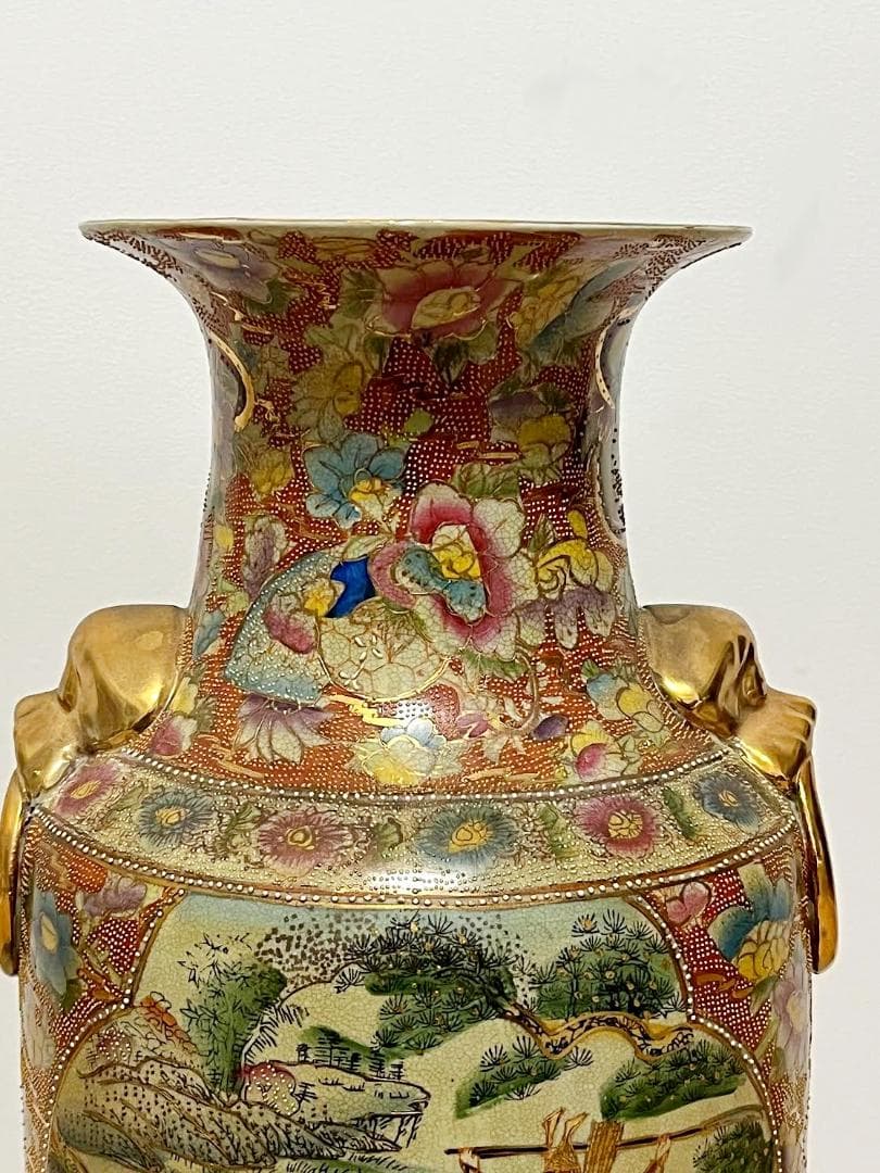 薩摩焼 大花瓶　鶴舞武士戦図　金彩耳双