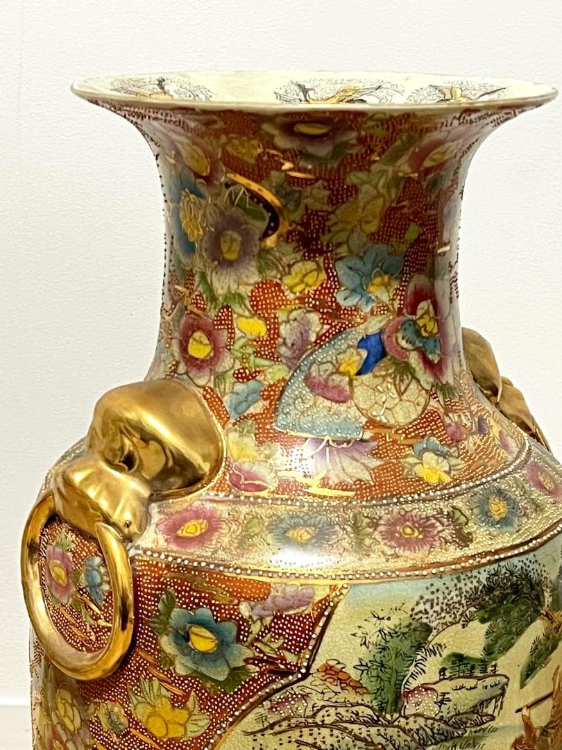 薩摩焼 大花瓶　鶴舞武士戦図　金彩耳双