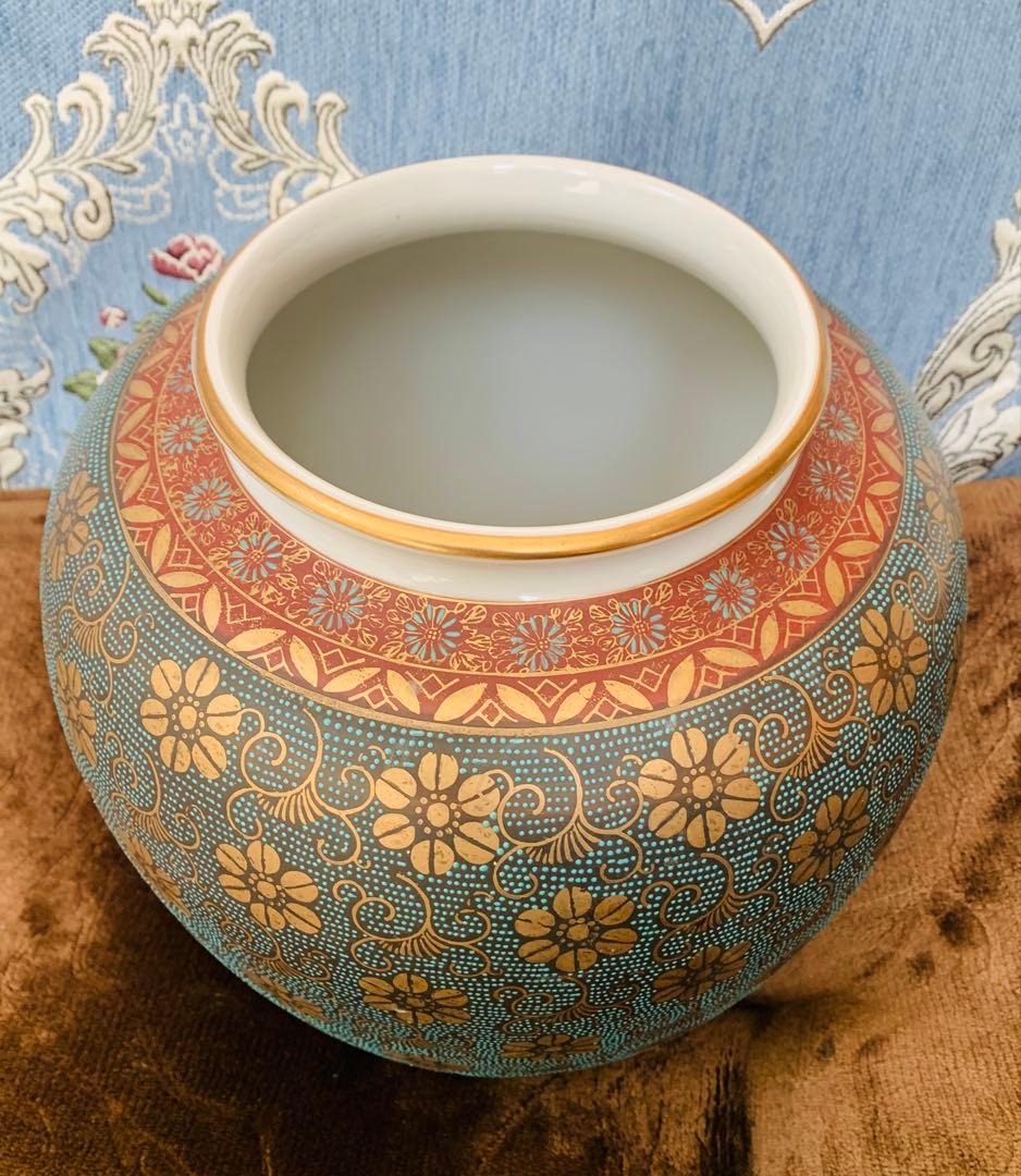 九谷焼　青粒　花瓶 木箱付き