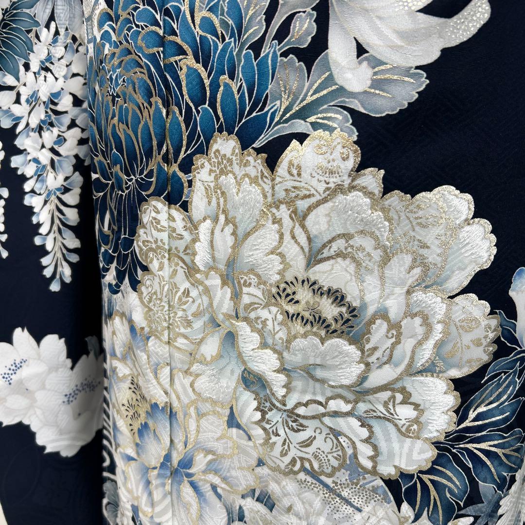 紺地クールな牡丹と菊に流水の振袖フルセット