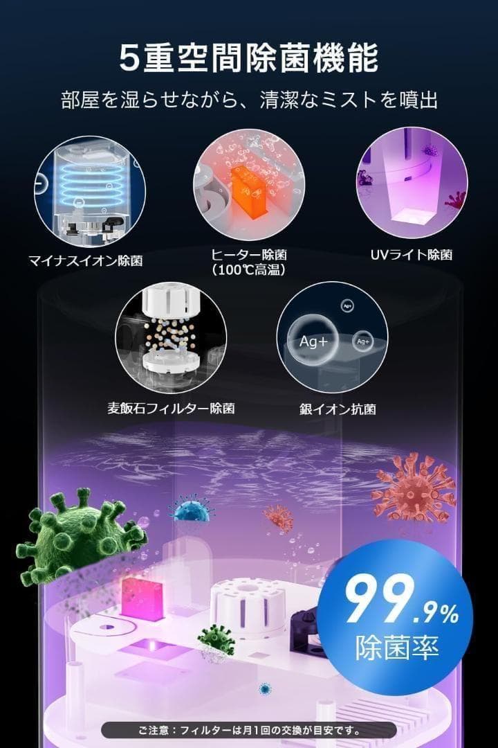 【M3107-95-66】加湿器 大容量 6L　100℃高温除菌 6段階加湿量