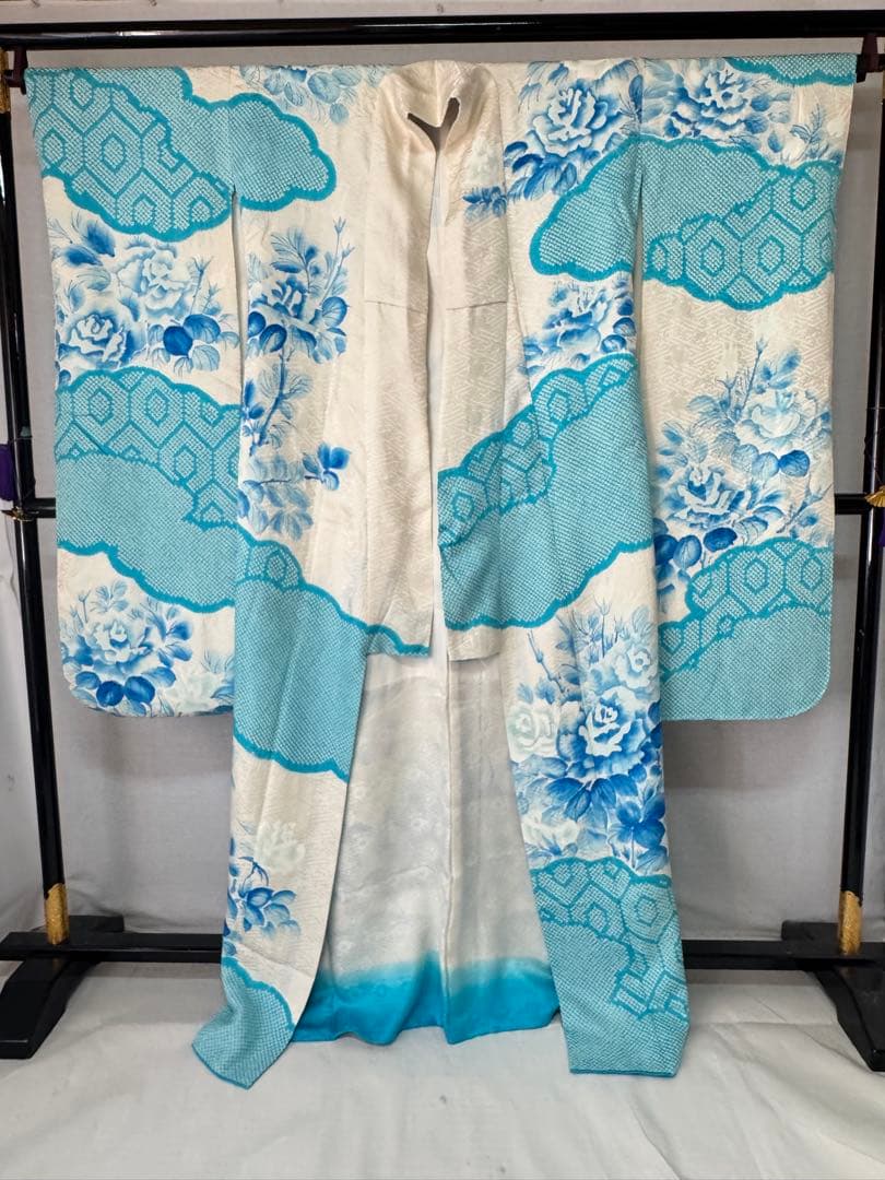 [ヴィンテージ] 振袖　正絹　白　水色　鹿の子絞り　成人式　結婚式　礼装　高身長