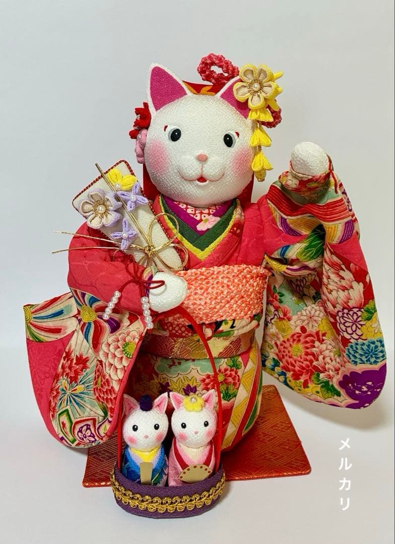 【ねこの創作人形】ちりめん細工　縮緬細工　招き猫　まねき猫　ひな飾り　ひな祭り