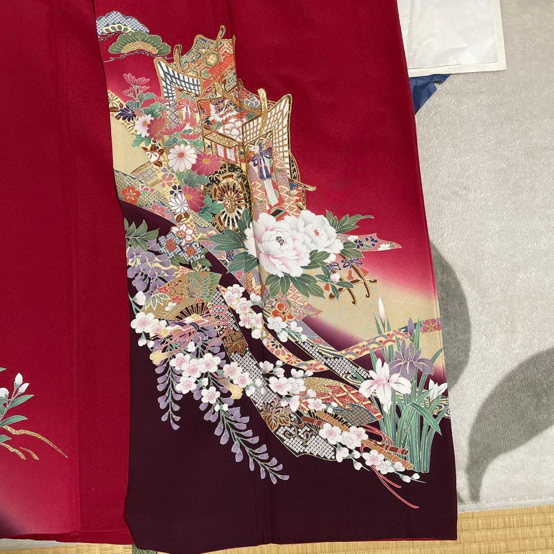 送料値下げ期間↓振袖 赤 花柄 長襦袢　帯付き