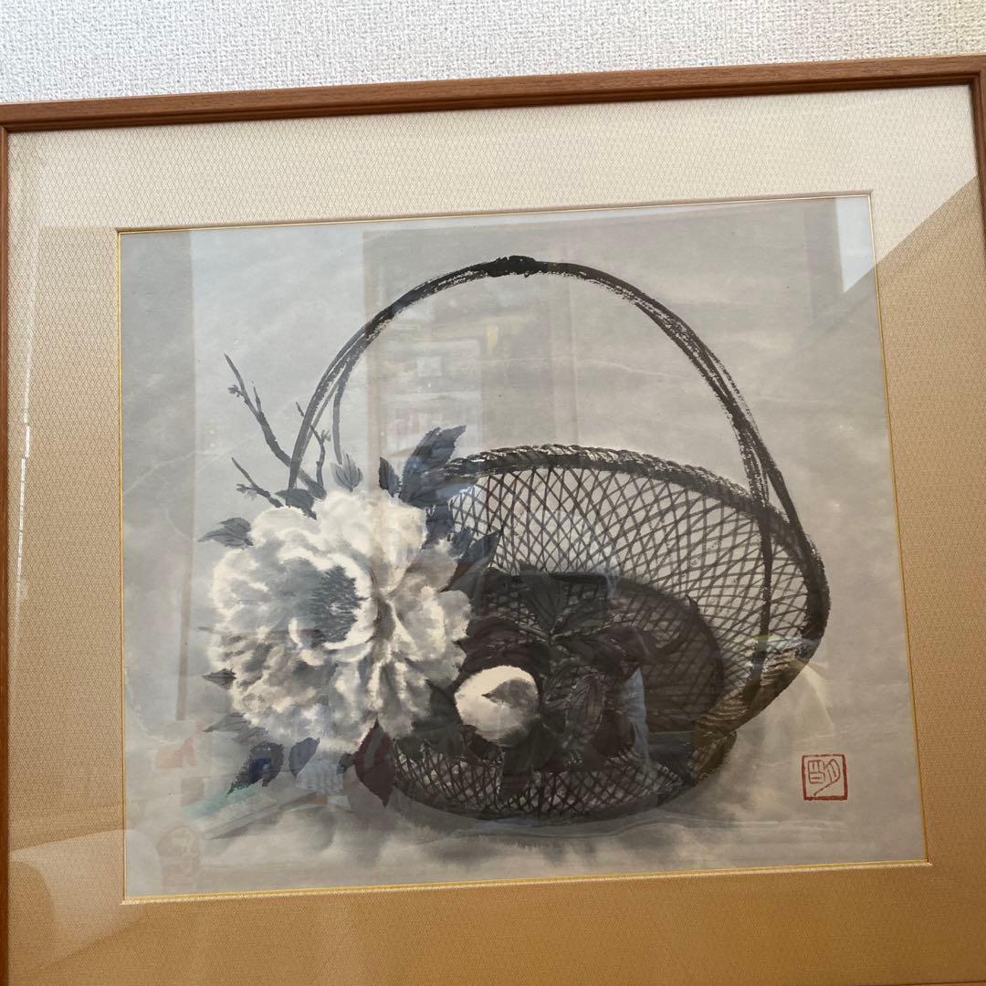 穐月明　籠の牡丹　日本画