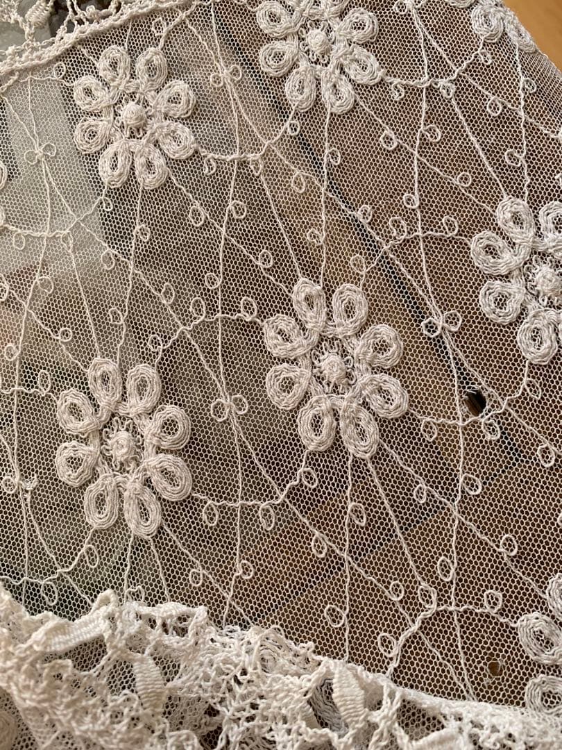 フランスアンティークフローラル刺繍チュールレースデュべカバー古色ホワイトカーテン