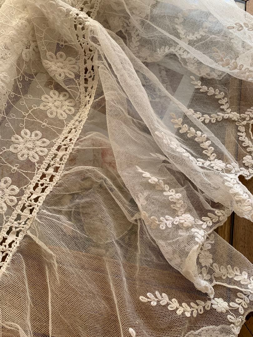 フランスアンティークフローラル刺繍チュールレースデュべカバー古色ホワイトカーテン