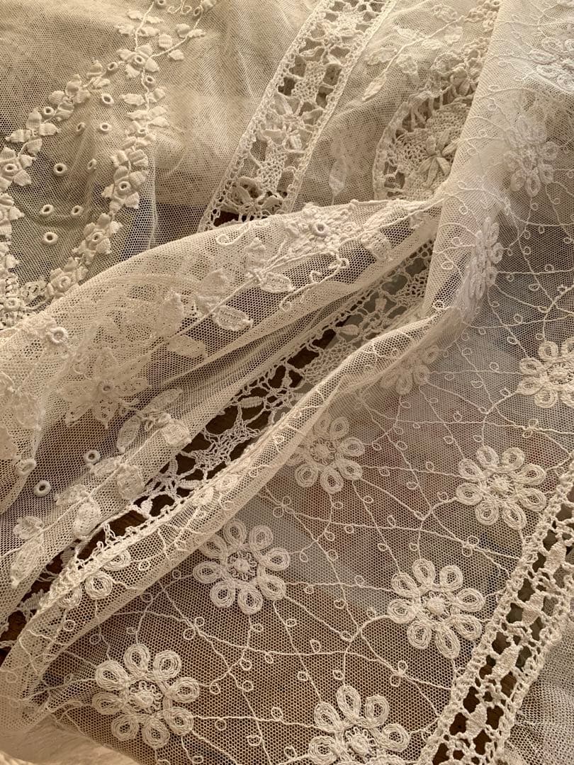 フランスアンティークフローラル刺繍チュールレースデュべカバー古色ホワイトカーテン