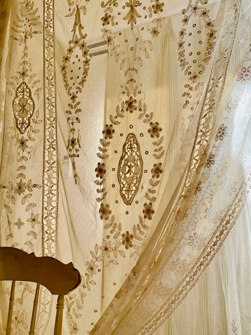 フランスアンティークフローラル刺繍チュールレースデュべカバー古色ホワイトカーテン