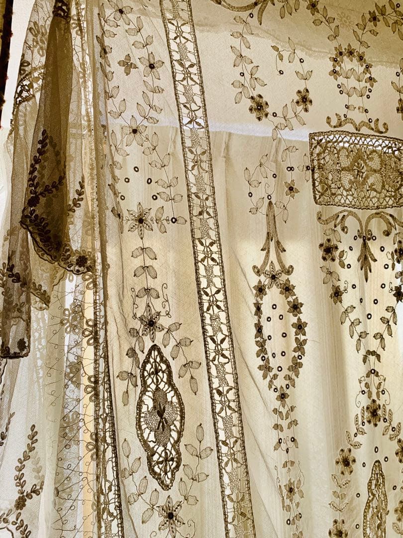 フランスアンティークフローラル刺繍チュールレースデュべカバー古色ホワイトカーテン