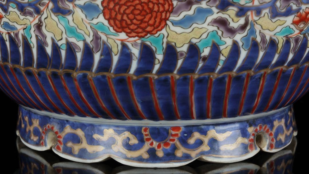 【古伊万里】色絵金彩大鉢 菊牡丹文様 植木鉢 蘭鉢 盆栽鉢 火鉢 骨董 古美術