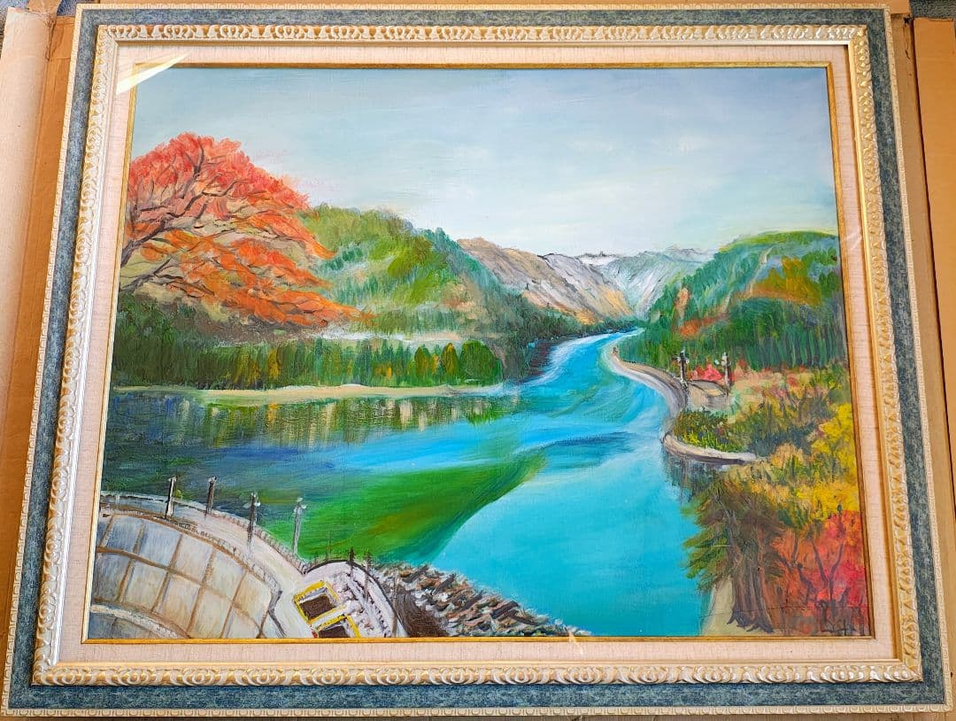 【送料込】F30号 大型 油彩額縁 アクリル板 風景画付 空色と銀系 107cm