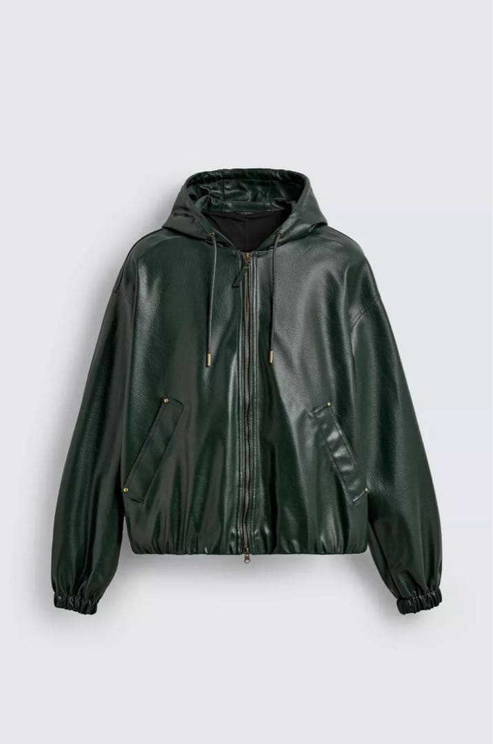 ZARA 緑　フェイクレザー　フーテッド　ジャケット　パーカー　BREATH