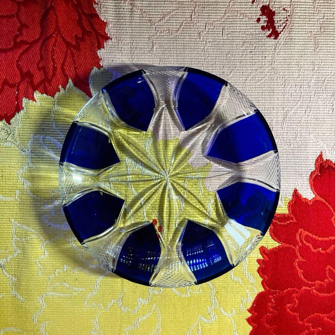 骨董　時代ガラス　青色被せ　精密カット　星切子　中鉢　小皿　１客