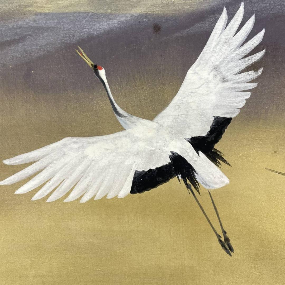 真作/川村憲邦/富士舞鶴図/鶴/花鳥/瑞祥/桐共二重箱付/布袋屋掛軸A-231