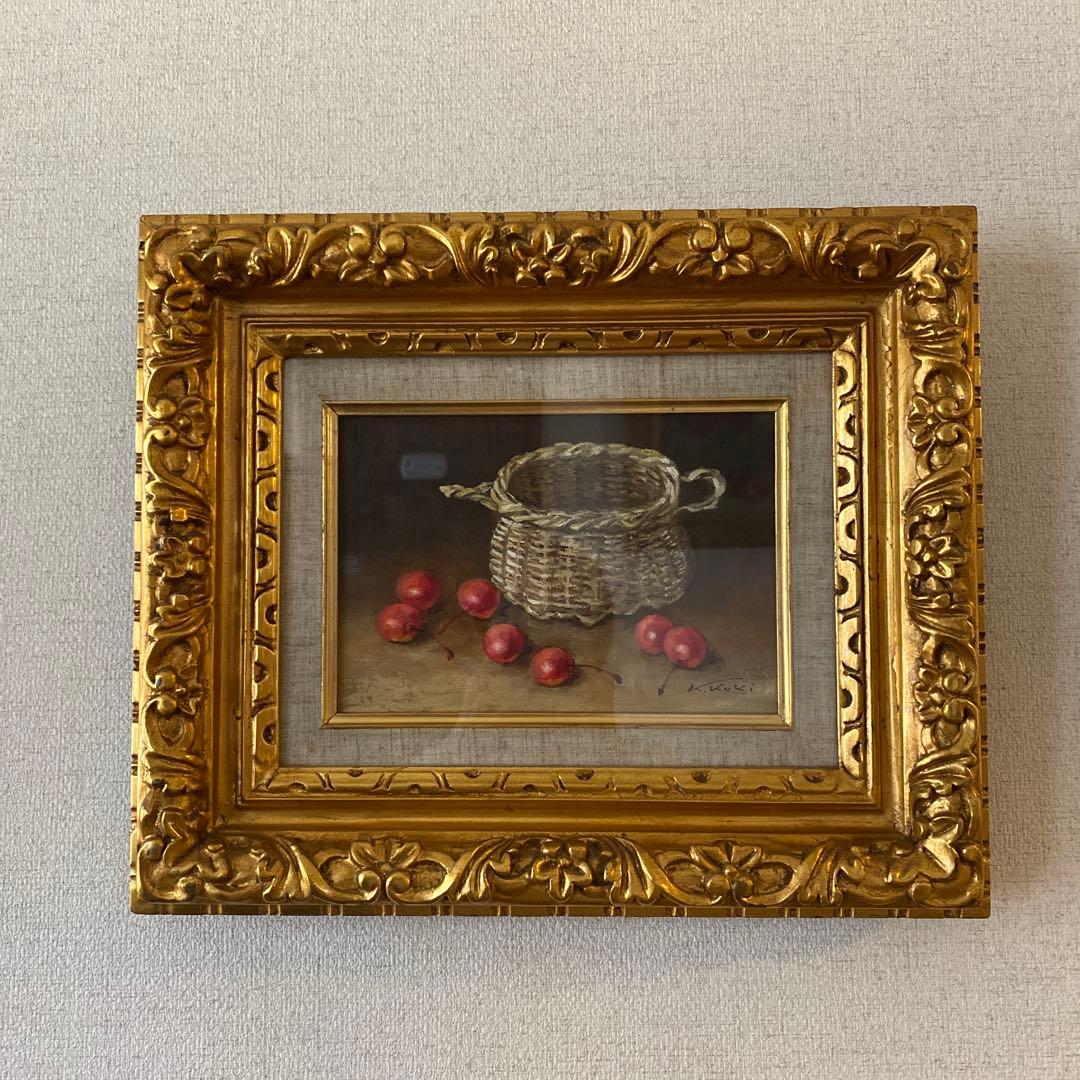 ルビーの如く　久貴　啓志郎　油彩画　K. Kuki さくらんぼと籠