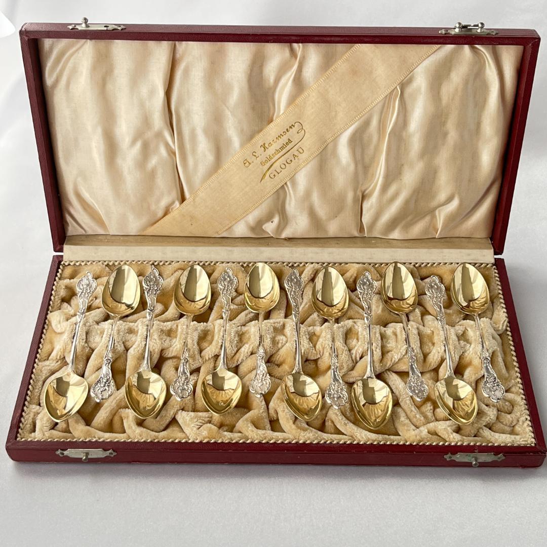 【ドイツ】レリーフのモカスプーン 12本【純銀】 10.5cm ケース