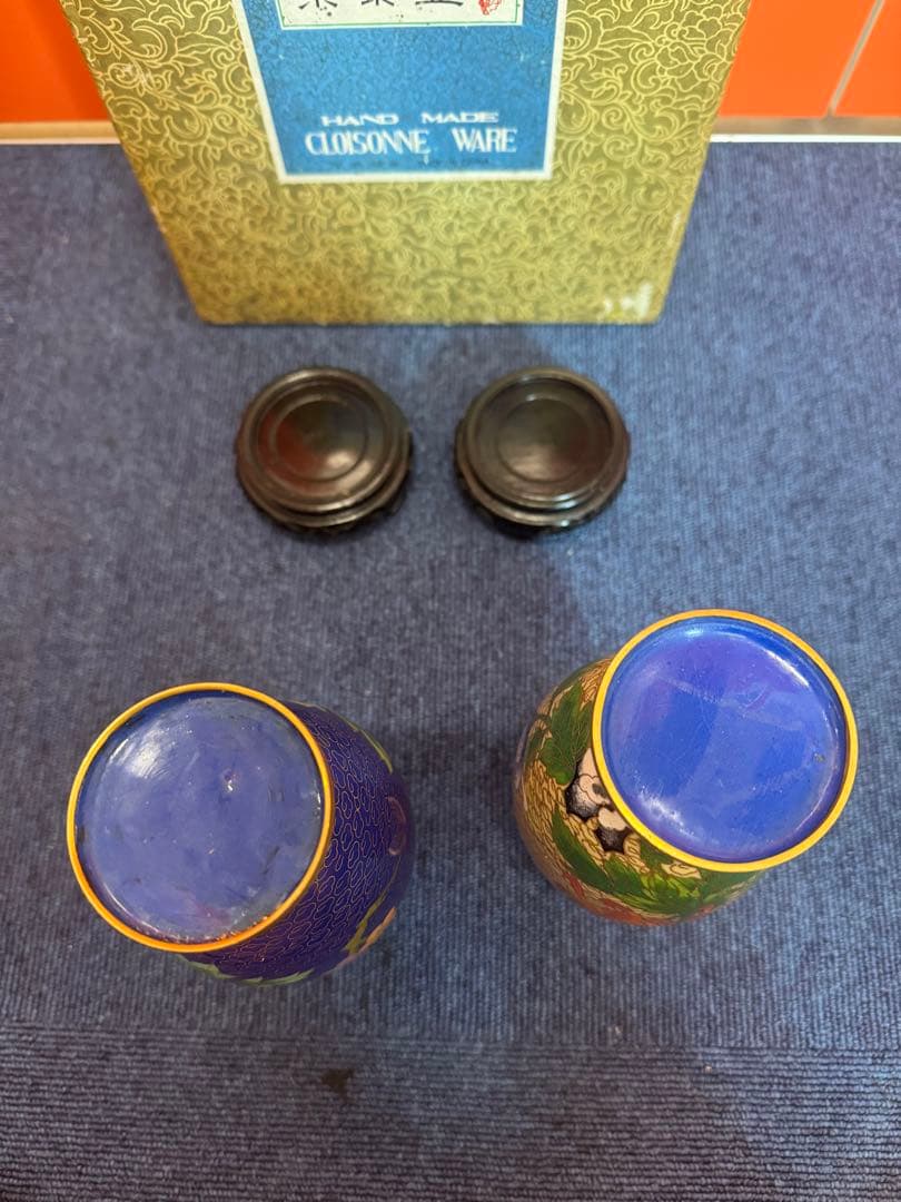 1571  景泰藍　花瓶2客　花台2客付き　骨董　時代物