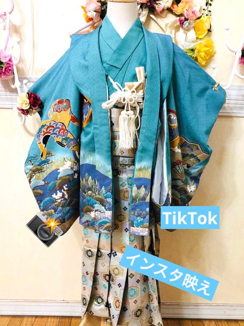 七五三3〜5歳完全フルセット‼️人気青系兜金彩煌びやか⭐︎袴縞金蘭刺繍袴豪華⭐︎秀品