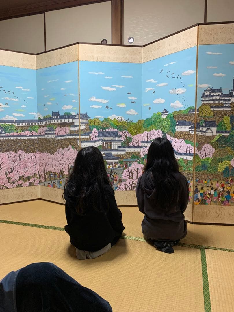 桜と姫路城の風景画　屏風式　日本画　1995年