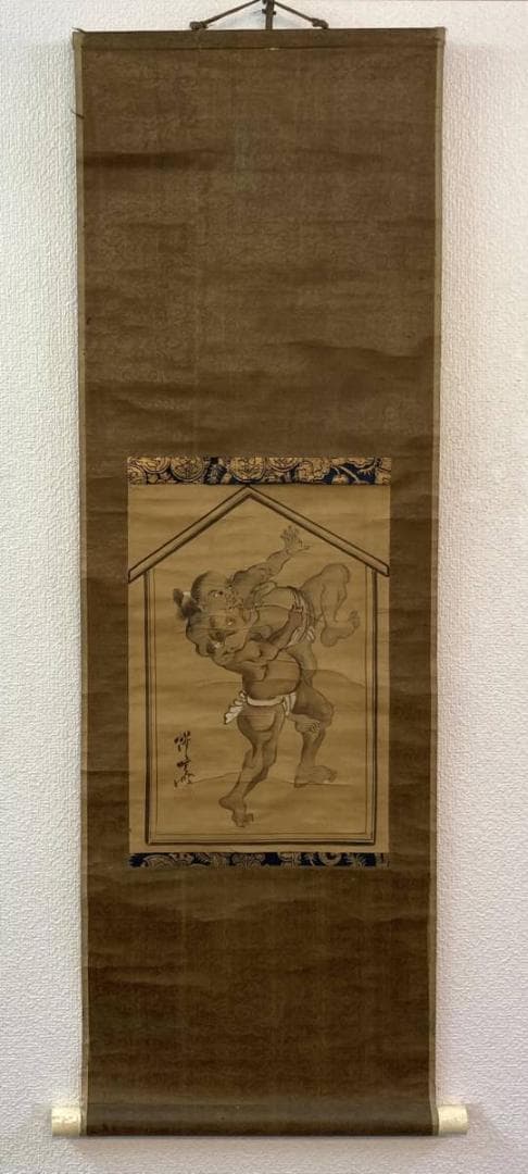 相撲／河鍋暁斎 (歌川国芳・狩野洞白師事) 掛軸 絹本：幕末 浮世絵師