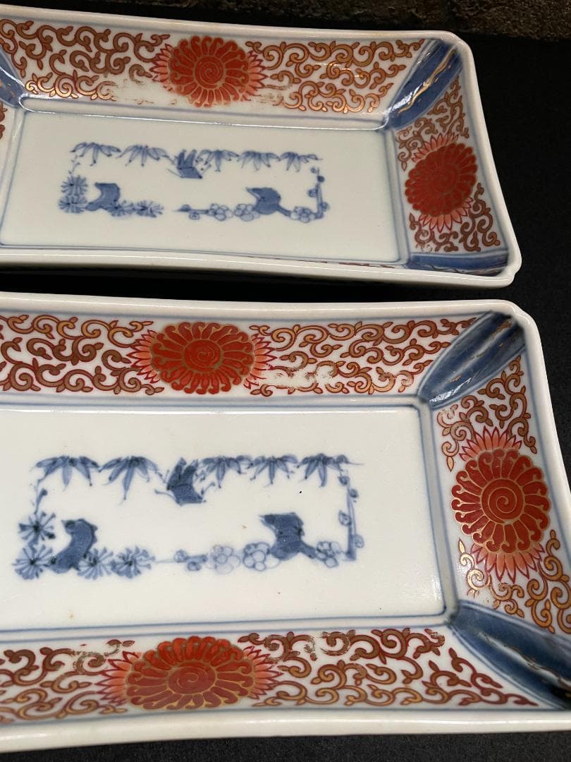 さち 富貴長春 古伊万里 染付 金彩 色絵 骨董 長皿 蛸唐草紋 4客