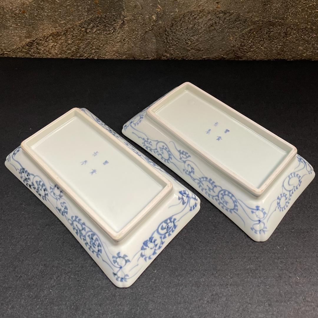 さち 富貴長春 古伊万里 染付 金彩 色絵 骨董 長皿 蛸唐草紋 4客