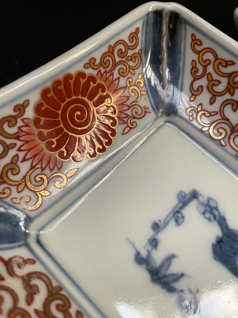 さち 富貴長春 古伊万里 染付 金彩 色絵 骨董 長皿 蛸唐草紋 4客