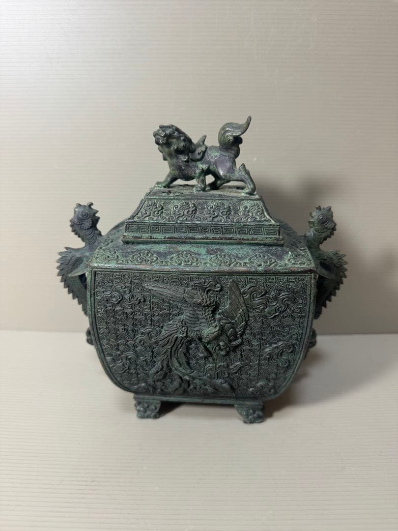 2136  高岡銅器 米田秀保造 獅子摘 龍鳳凰紋 四つ足 香炉