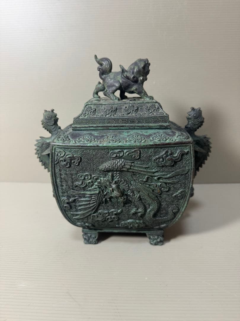 2136  高岡銅器 米田秀保造 獅子摘 龍鳳凰紋 四つ足 香炉