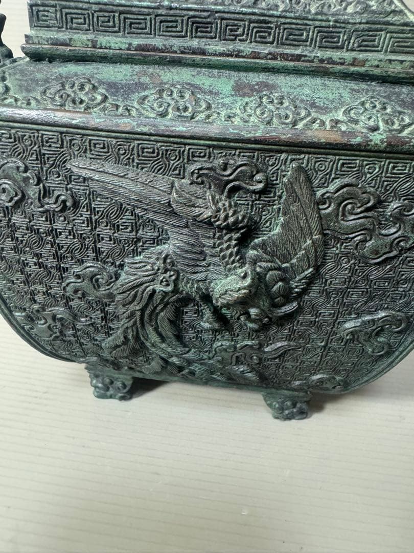 2136  高岡銅器 米田秀保造 獅子摘 龍鳳凰紋 四つ足 香炉