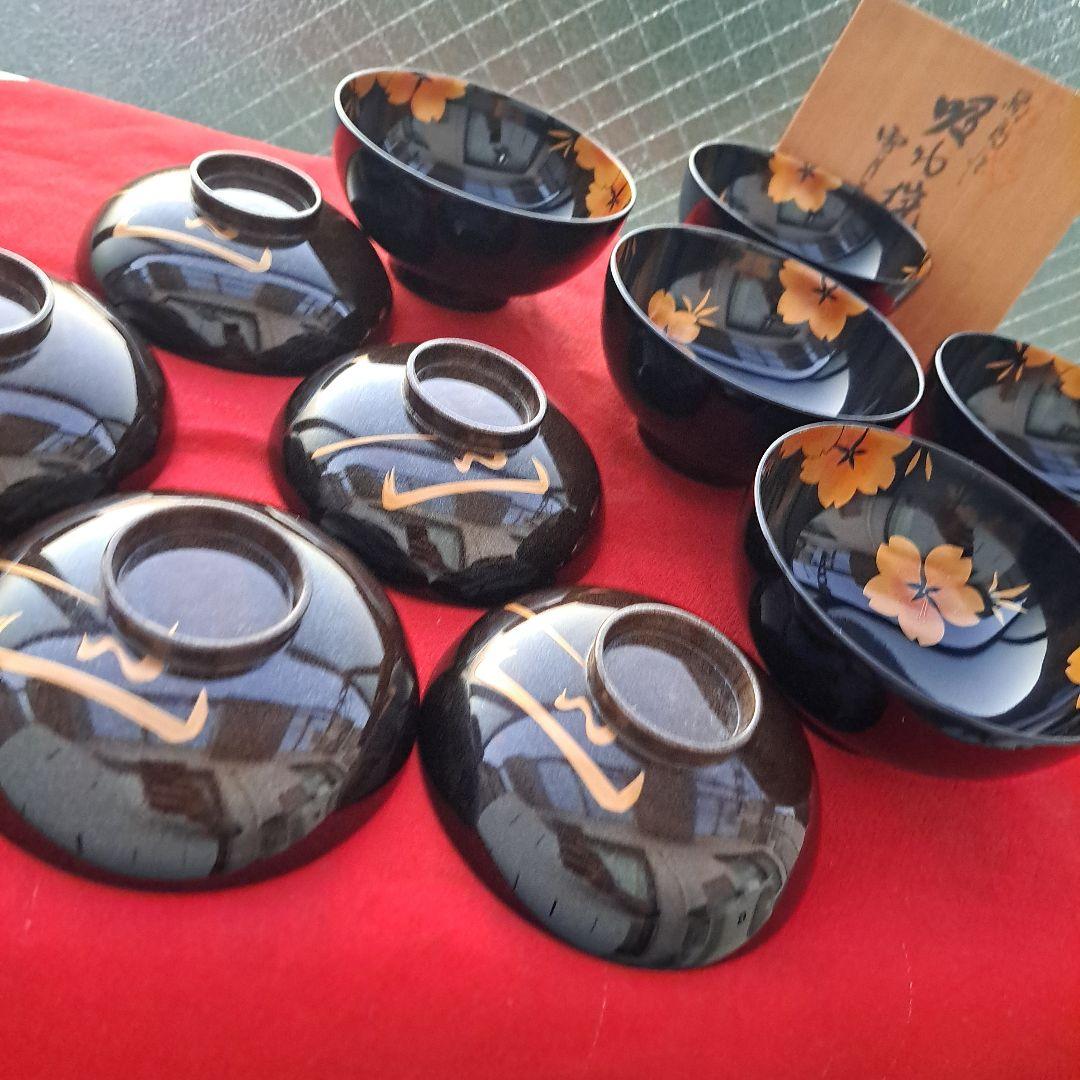 【輪島塗　吸物椀×5客】布着本堅地　雪月花\"蒔絵　朝信作　未使用/長期保管品