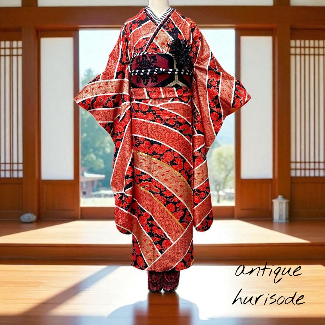 (あ996)赤黒白金 祝い柄の荒波のような斜めストライプ振袖㊗️⑤点セット