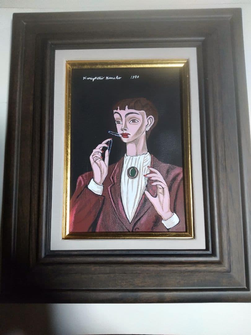 金子國義、絵画、油彩、SM号、ピンオを噛む女、高級額縁、肉筆、鴨居玲、宮永岳彦。