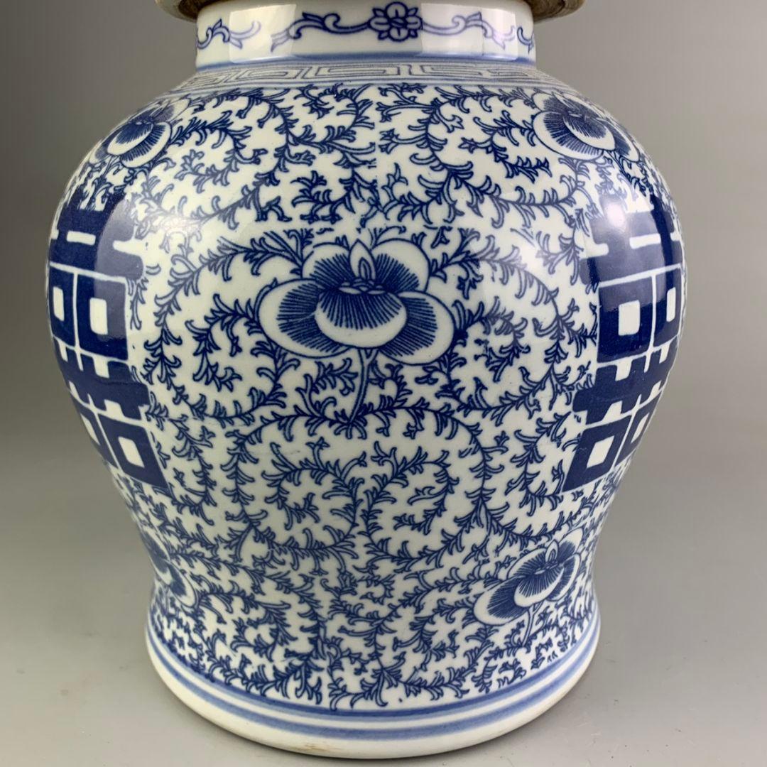 青花喜字紋将軍缶 景徳鎮 陶磁器 装飾品 現代工芸品 美術品 置物