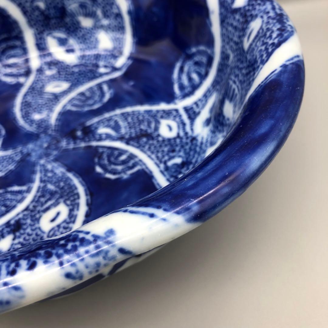 明治時代古伊万里ベロ藍蝶捻文印判手中押し鉢ボウル24cm伊万里焼骨董品