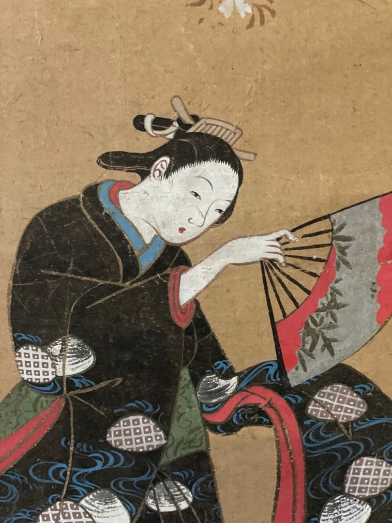 元禄　江戸前期　大津絵　若衆　桜　扇子　踊り 浮世絵　 美人画　時代裂　肉筆画