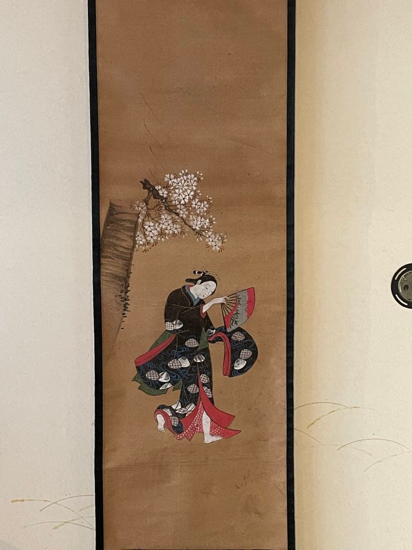 元禄　江戸前期　大津絵　若衆　桜　扇子　踊り 浮世絵　 美人画　時代裂　肉筆画
