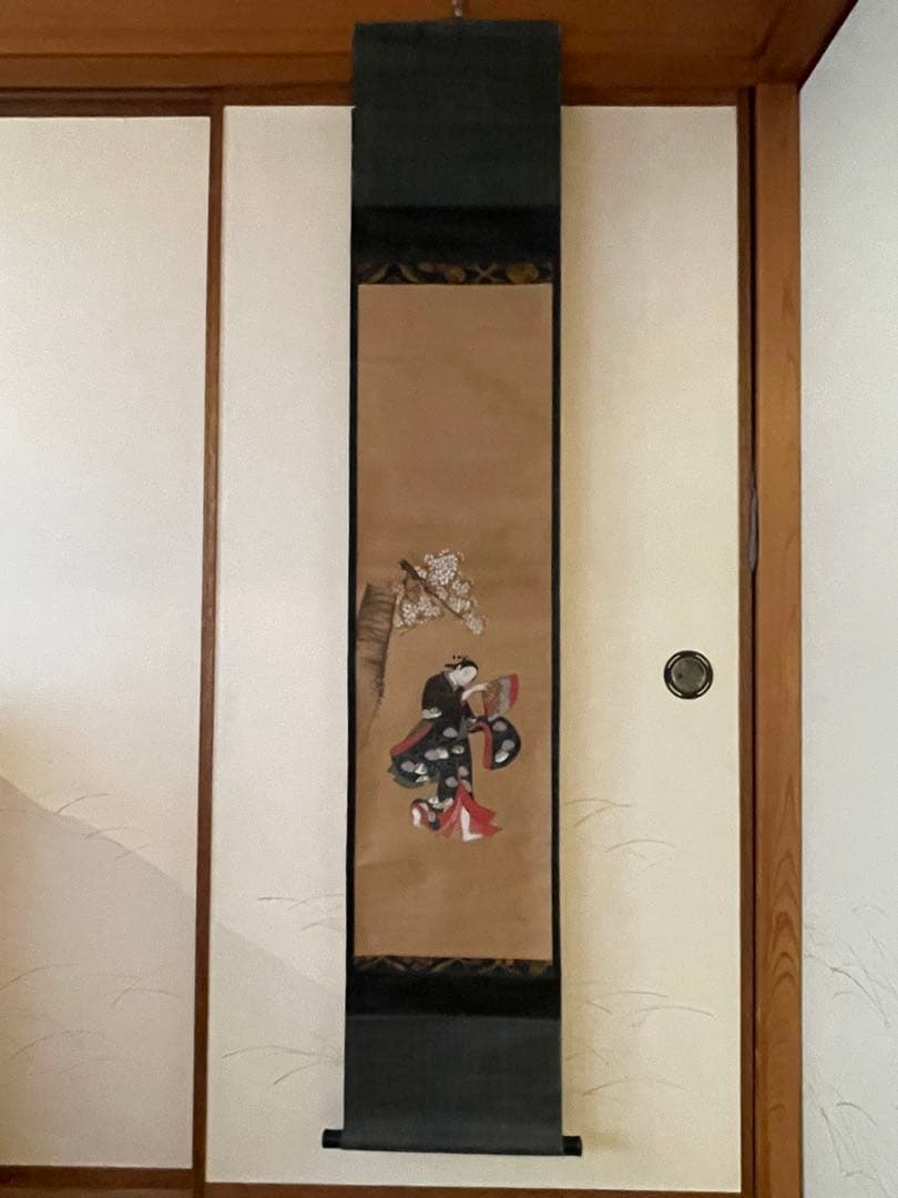 元禄　江戸前期　大津絵　若衆　桜　扇子　踊り 浮世絵　 美人画　時代裂　肉筆画