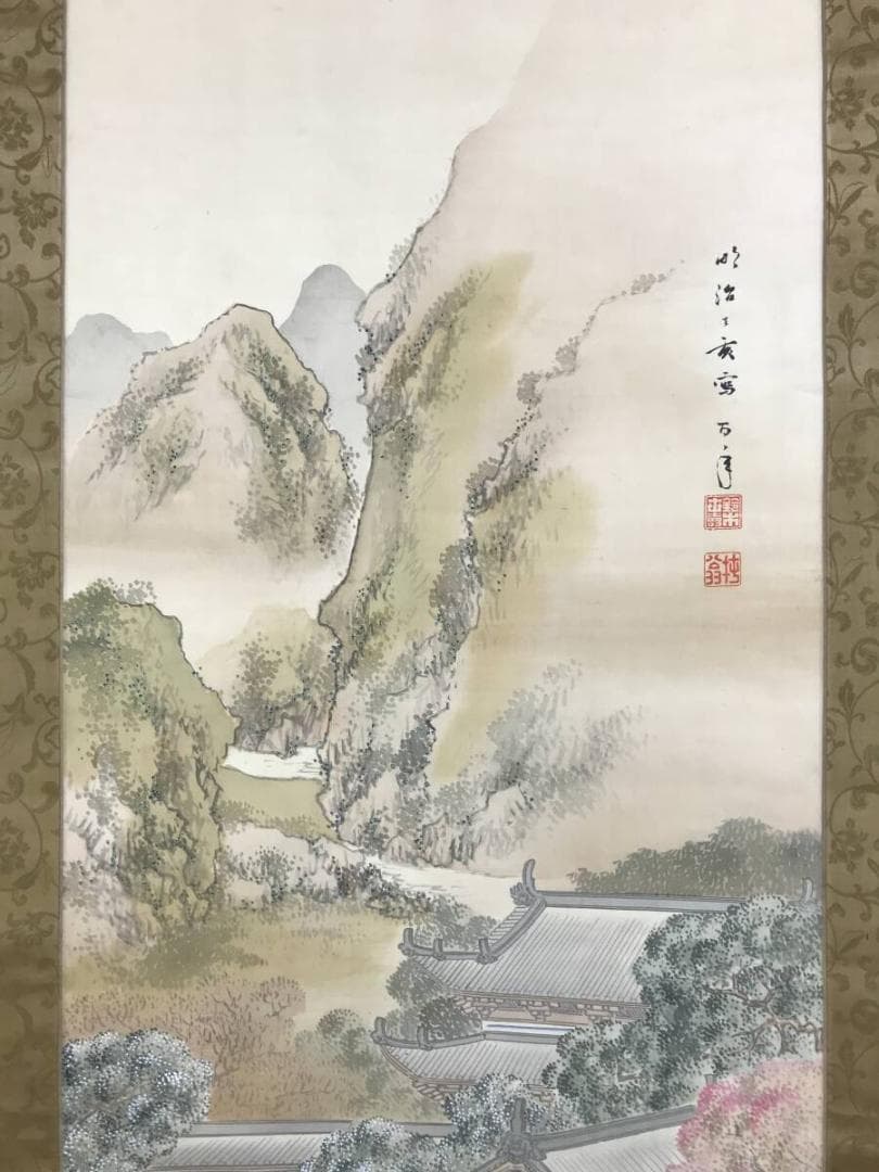 真作/鈴木百年/山水図/楼閣山水図/宮中図/掛軸☆宝船☆AH-693