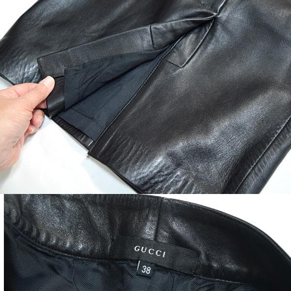 グッチ■サイドロゴ入り金具レザータイトスカート レディース38　ブラック黒