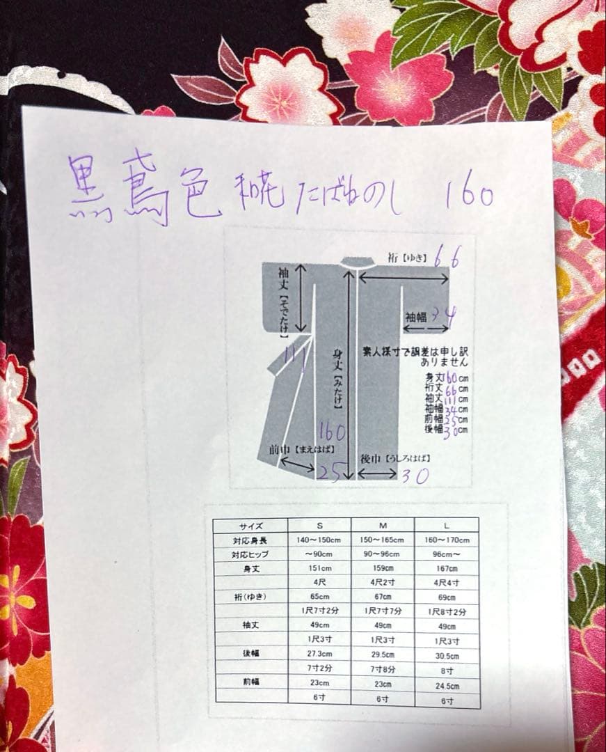 黒鳶色 和花 束ね熨斗 振袖 身丈160