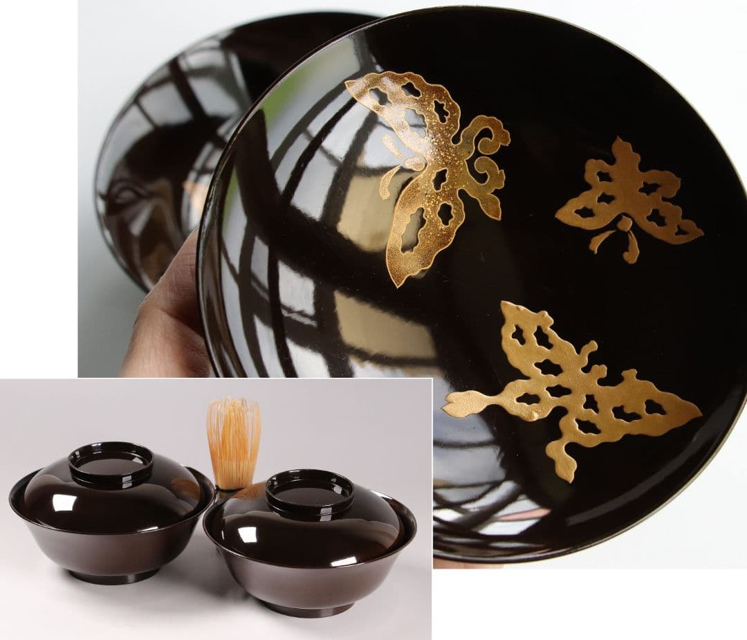 M873 時代 木製漆器 輪島塗 蝶金蒔絵 黒塗椀 二客 天然木 梨地